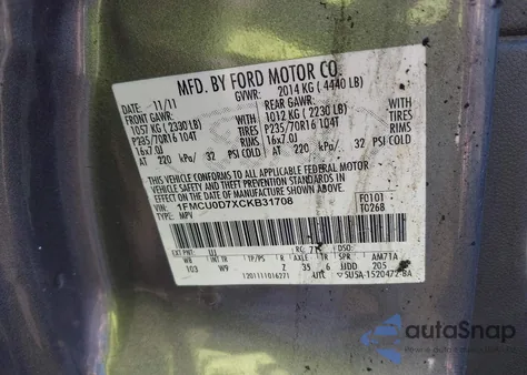 2012 Ford Escape Xlt z USA, uszkodzony, nr VIN 1FMCU0D7XCKB31708